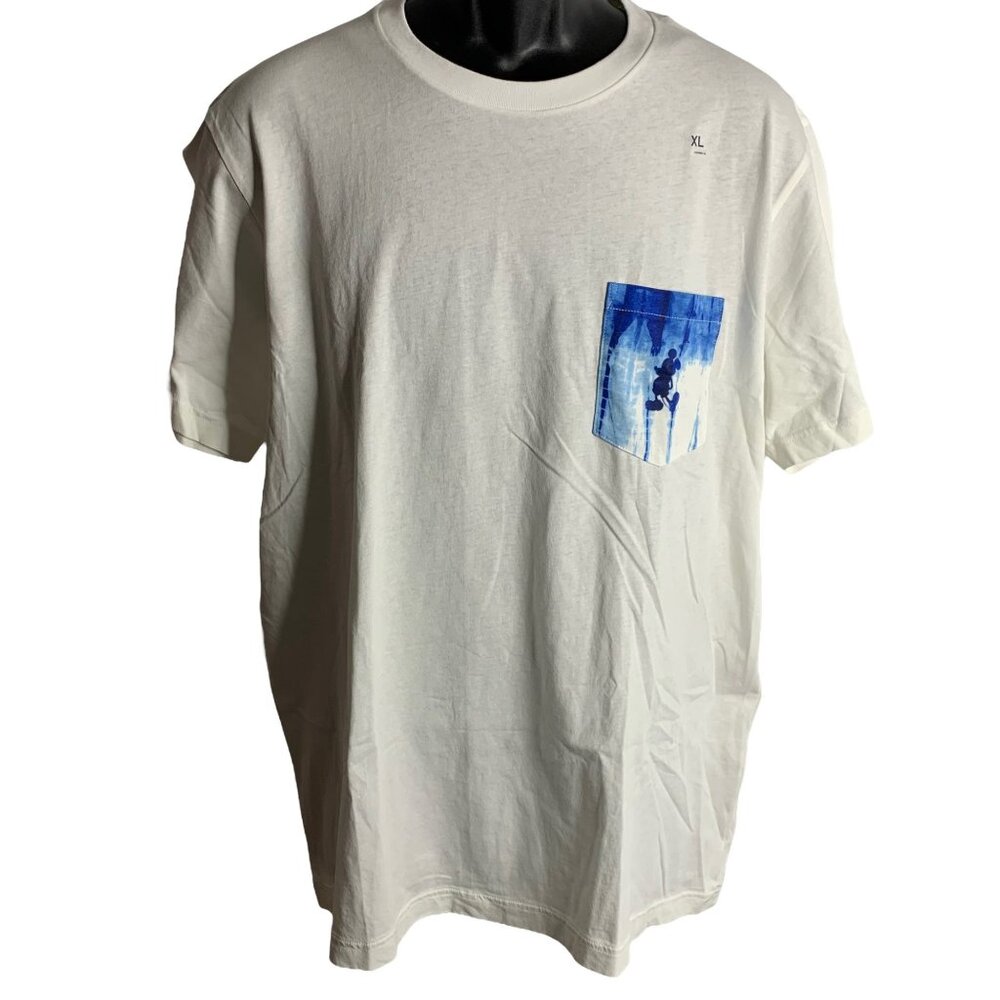 Uniqlo Mickey Mouse Crewneck T Shirt XL White Tie Dye Pocket Short Sleevess